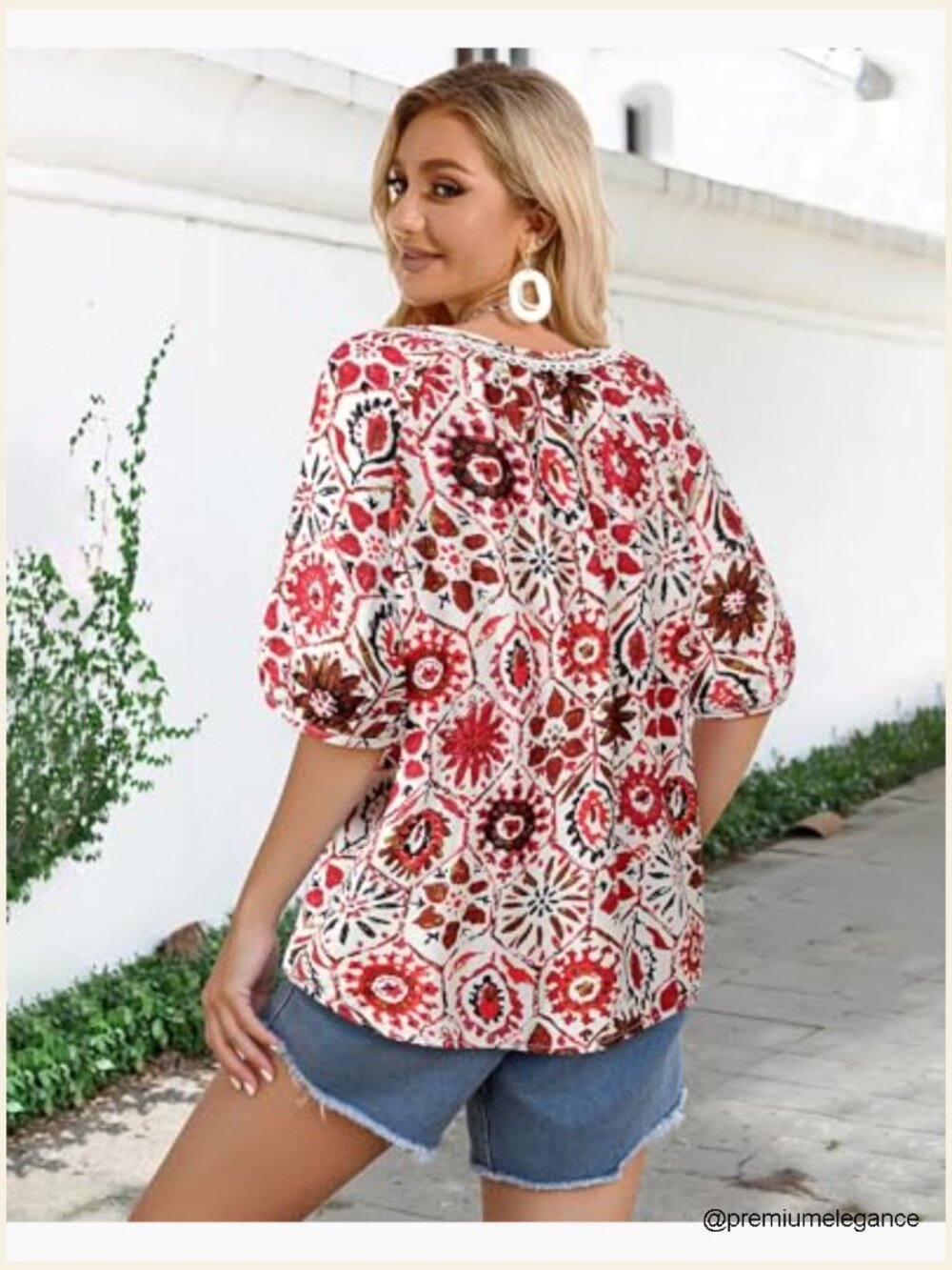 Boho Floral Print Tie Front Blouse Short Sleeve Vacation Top - Picture 5 of 7